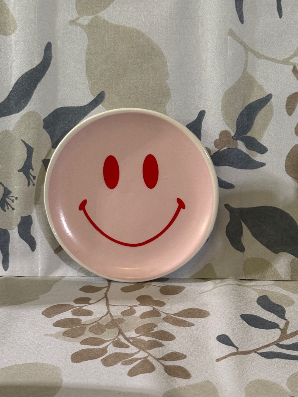 Pink Smiley Face Ceramic trinket tray with Red Graphic NWOT